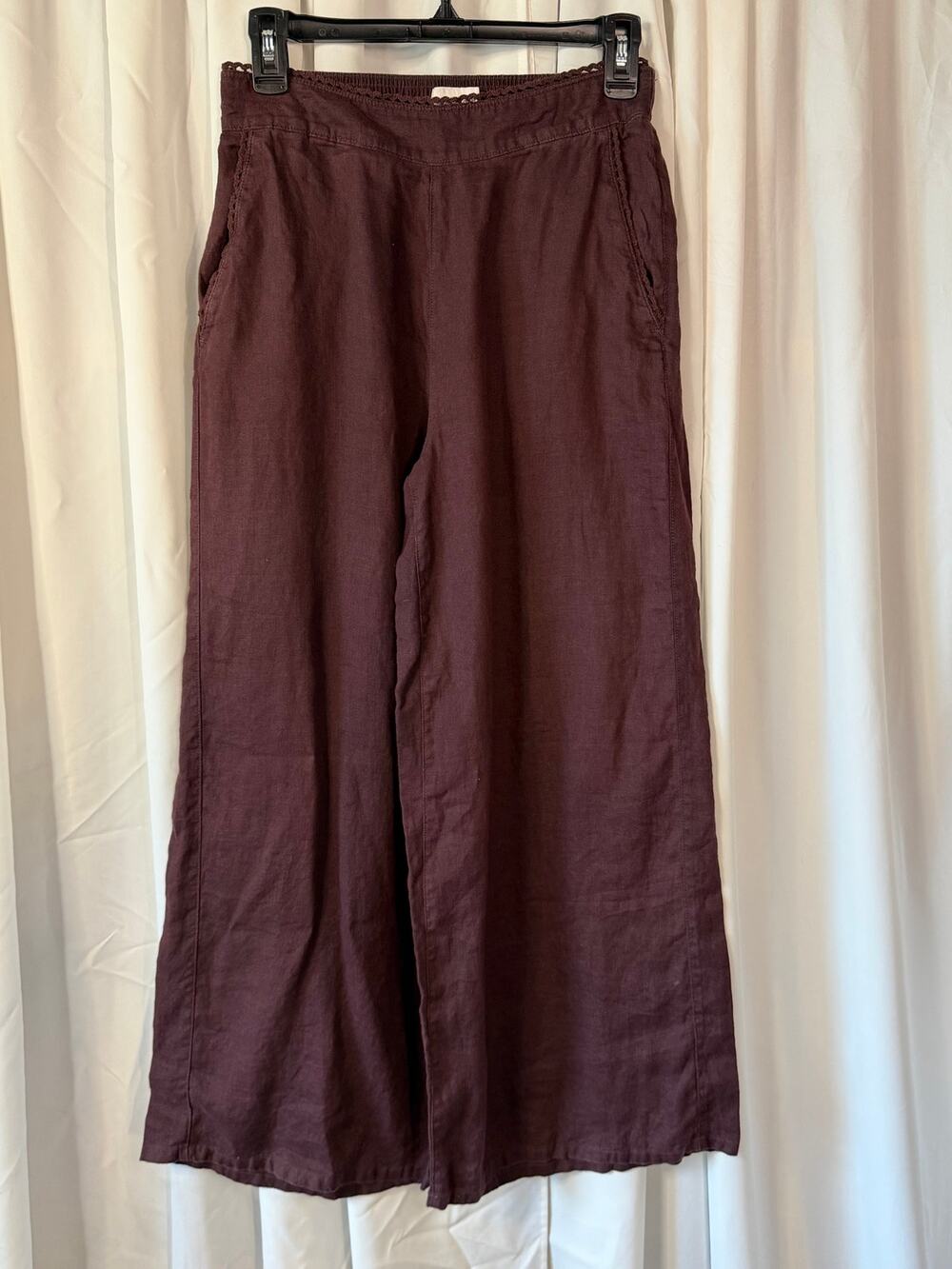 Laura Ashley 100% Linen Pants Womens Small Brown/burgundy Wide Leg Crochet S